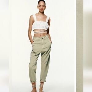 ZARA Paperbag Baggy Fit High Waisted  Ankle Pants In Sage Green. Size 2 NWT